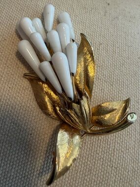 Vintage Gold Floral Brooch with White Bead Accents